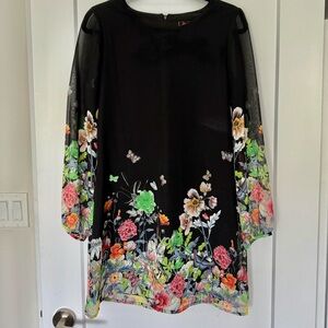 Floral Black Dress with Sheer Sleeves Mendocino
